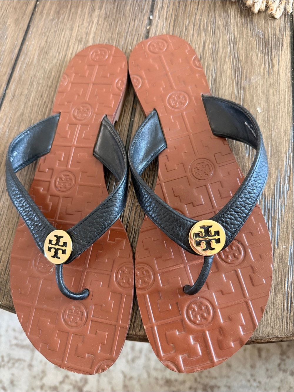 Tory Burch Black Leather Flip Flops with Brown Footbed